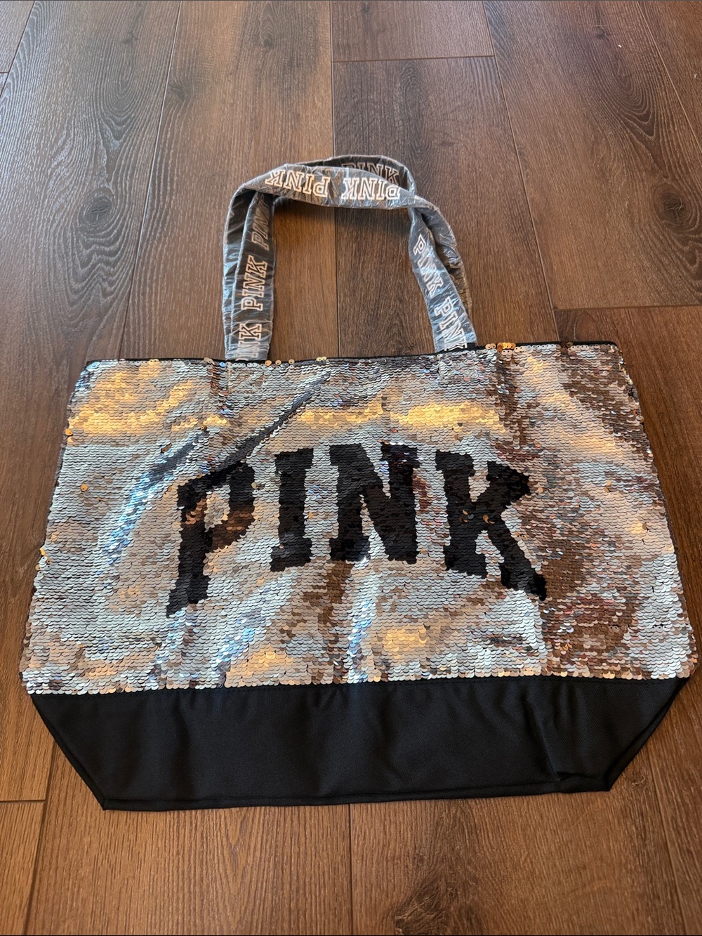 New PINK Victoria's Secret Silver Sequin Tote with Black Logo